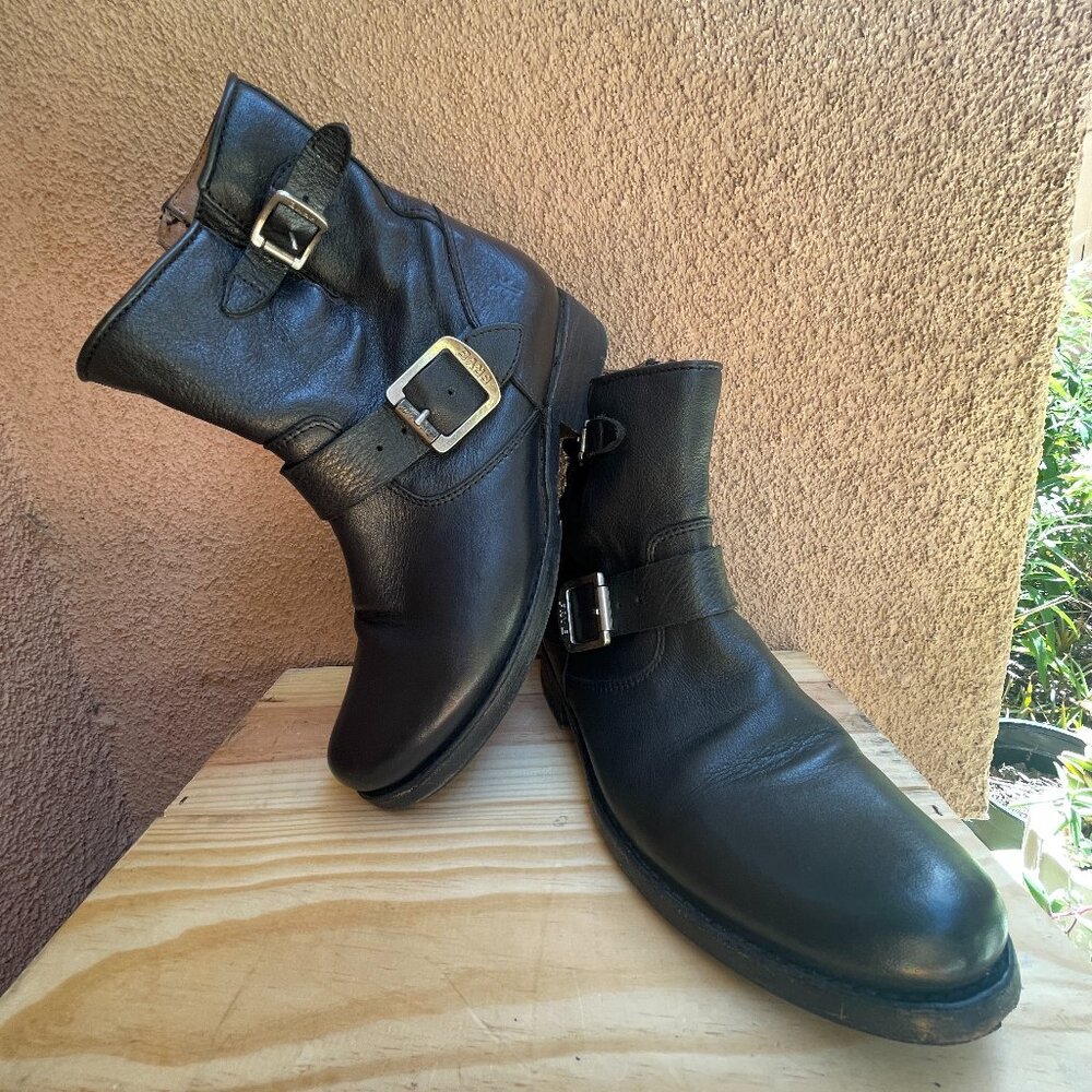 Frye Vicky Engineer 6 inch black 100% leather buckle moto boots ankle booties